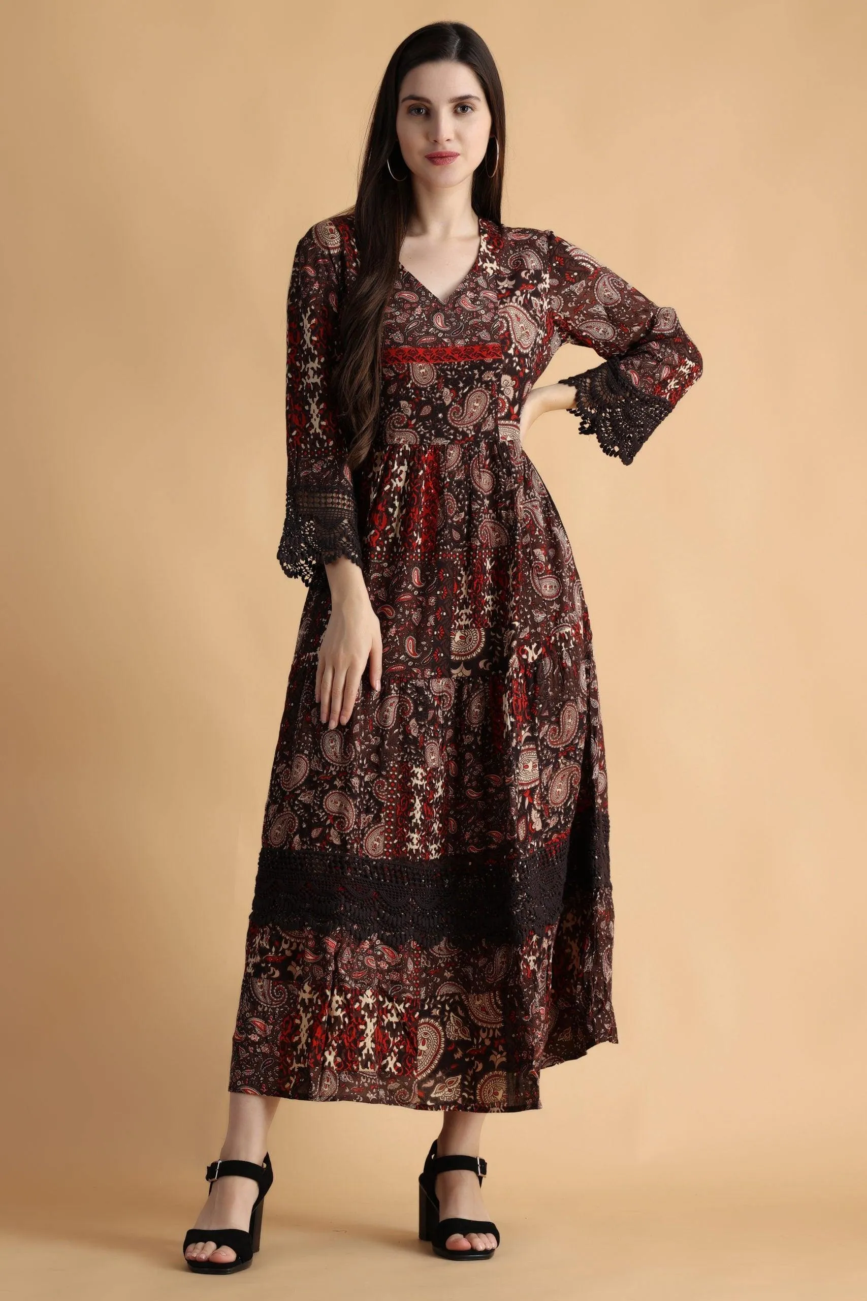 Brown Abstract Printed Dress with Lace