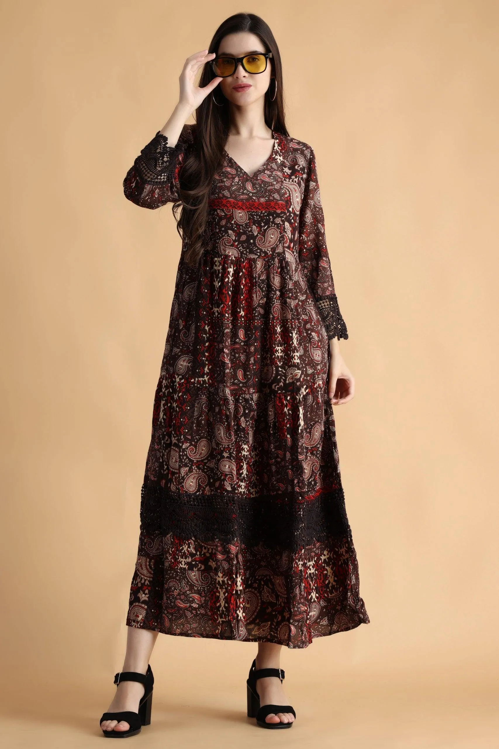 Brown Abstract Printed Dress with Lace