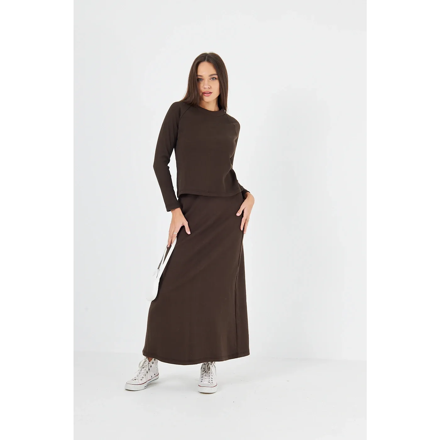 Brown Ribbed Top & Skirt Matching Set