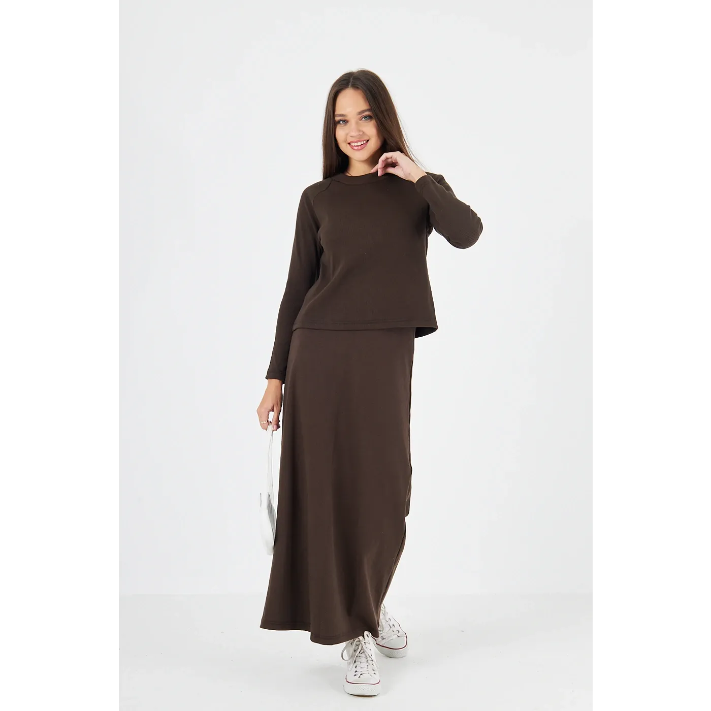 Brown Ribbed Top & Skirt Matching Set