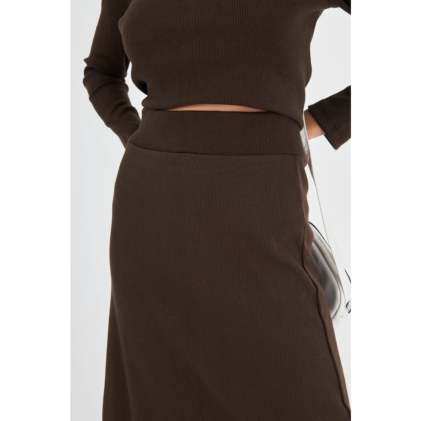 Brown Ribbed Top & Skirt Matching Set