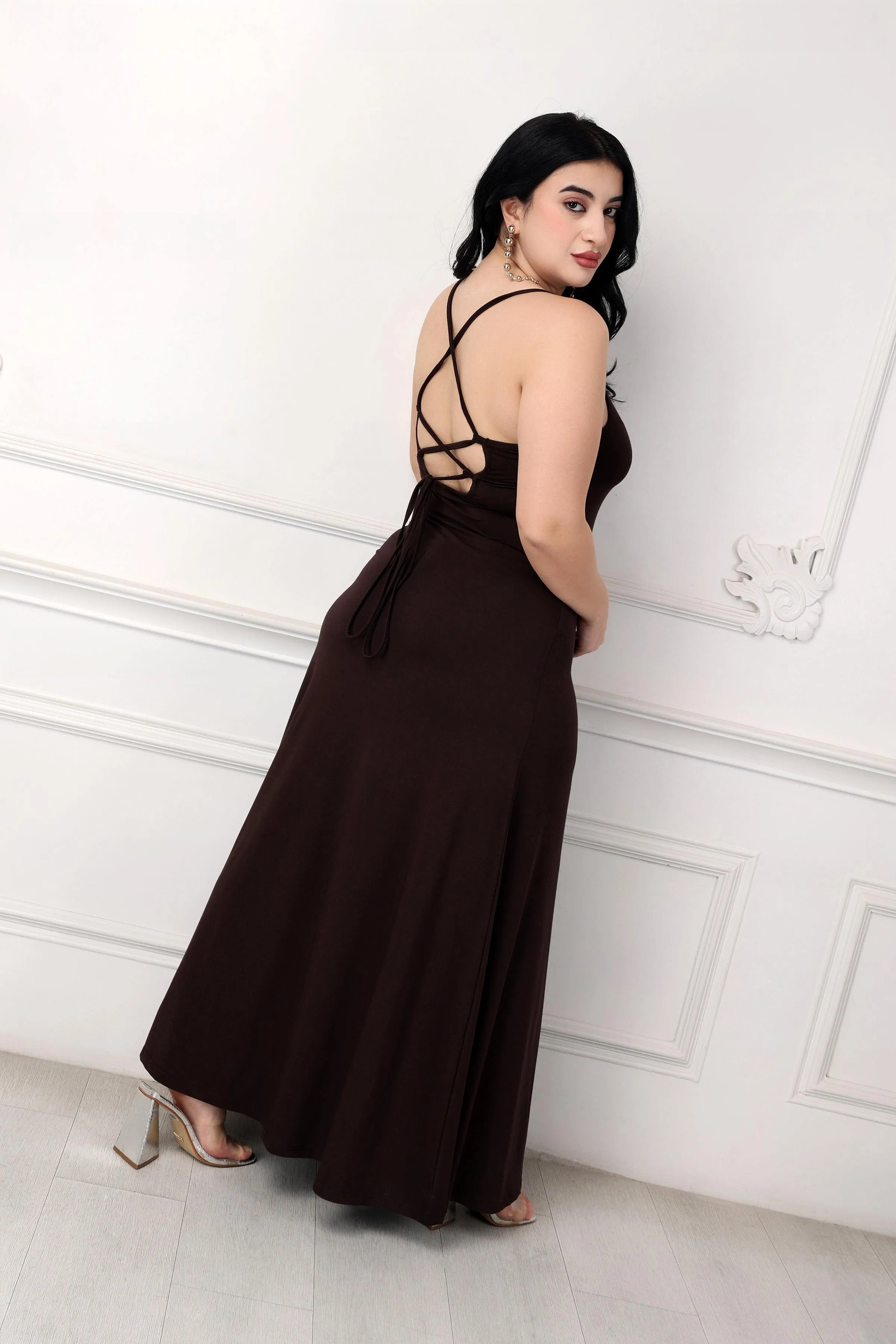 Brown Solid Cross Back Dress