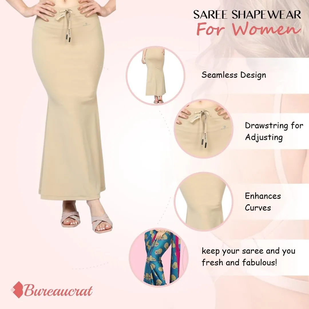 Bureaucrat Saree Shapewear Petticoat for Women Cotton Blended Lycra Shaper Peticoat with Elastic & Lace (naada) Long Under Skirt Shape wear Dress Satin Sari Beige Fishcut Wrinkle Free (Medium, Black)