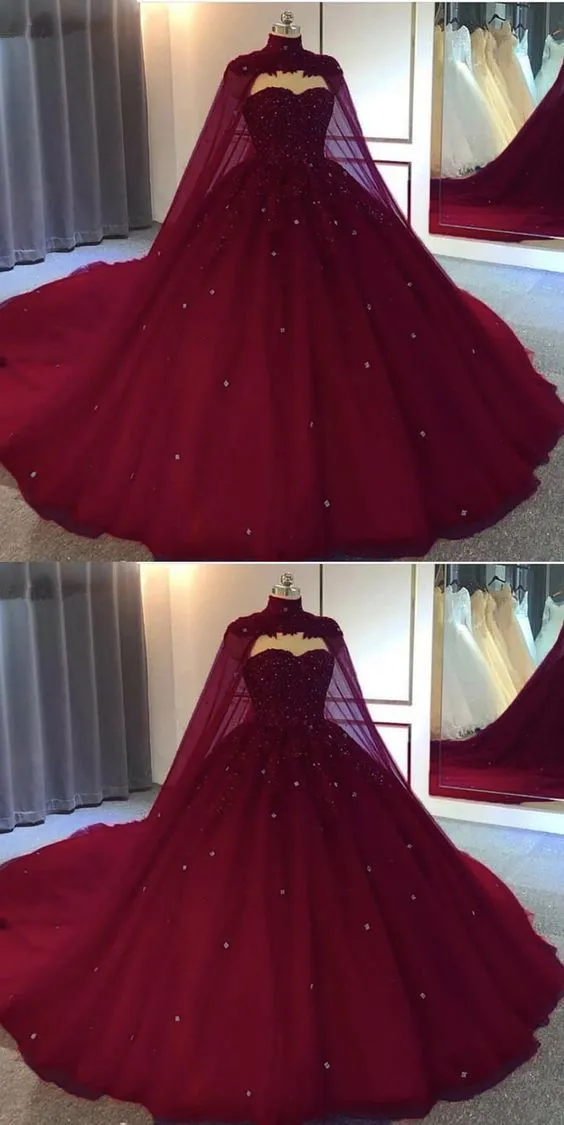 Burgundy Ball Gown Wedding Dress tulle Prom Dresses     fg2871