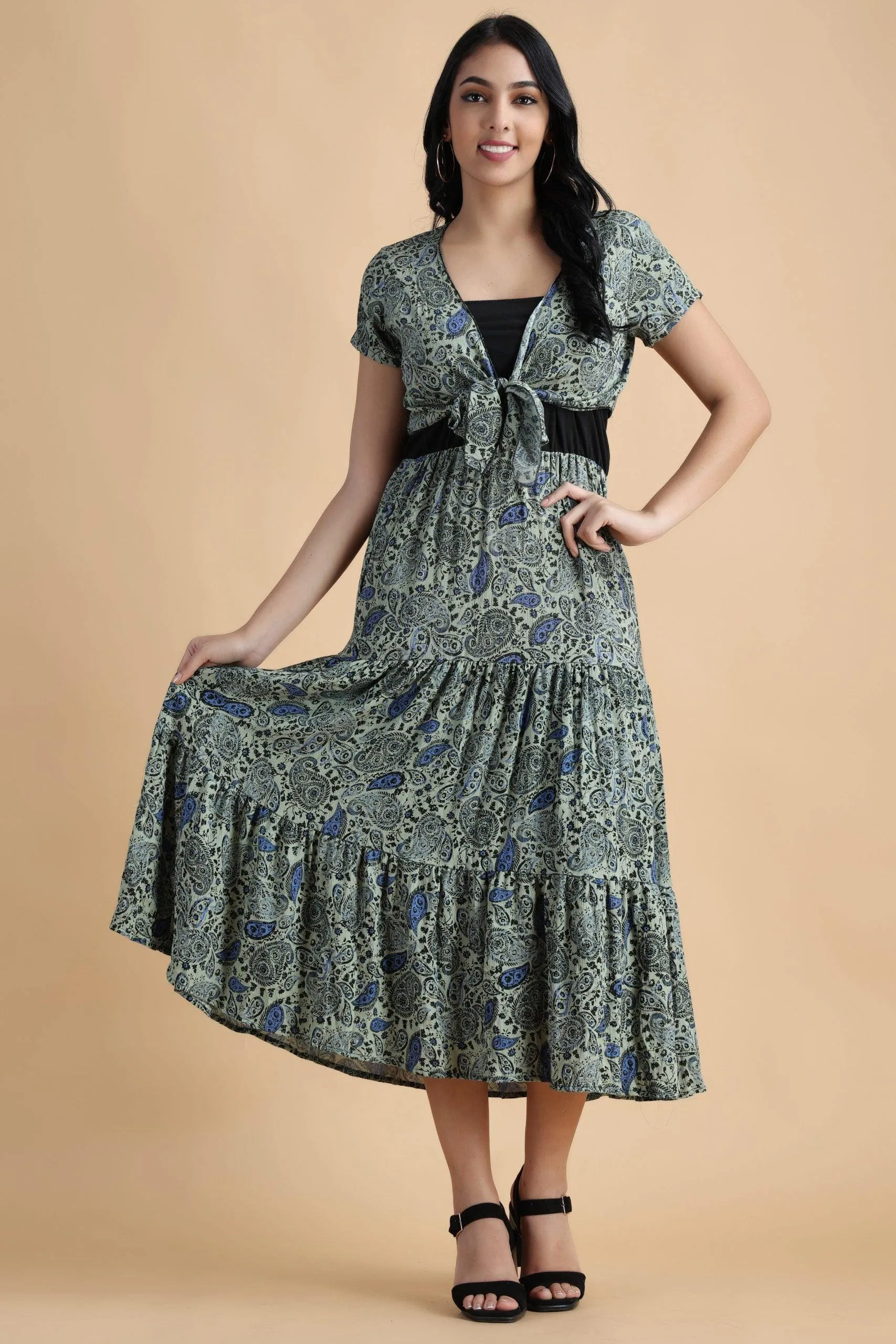 Bustier Paisley Printed Maxi Dress with Shrug