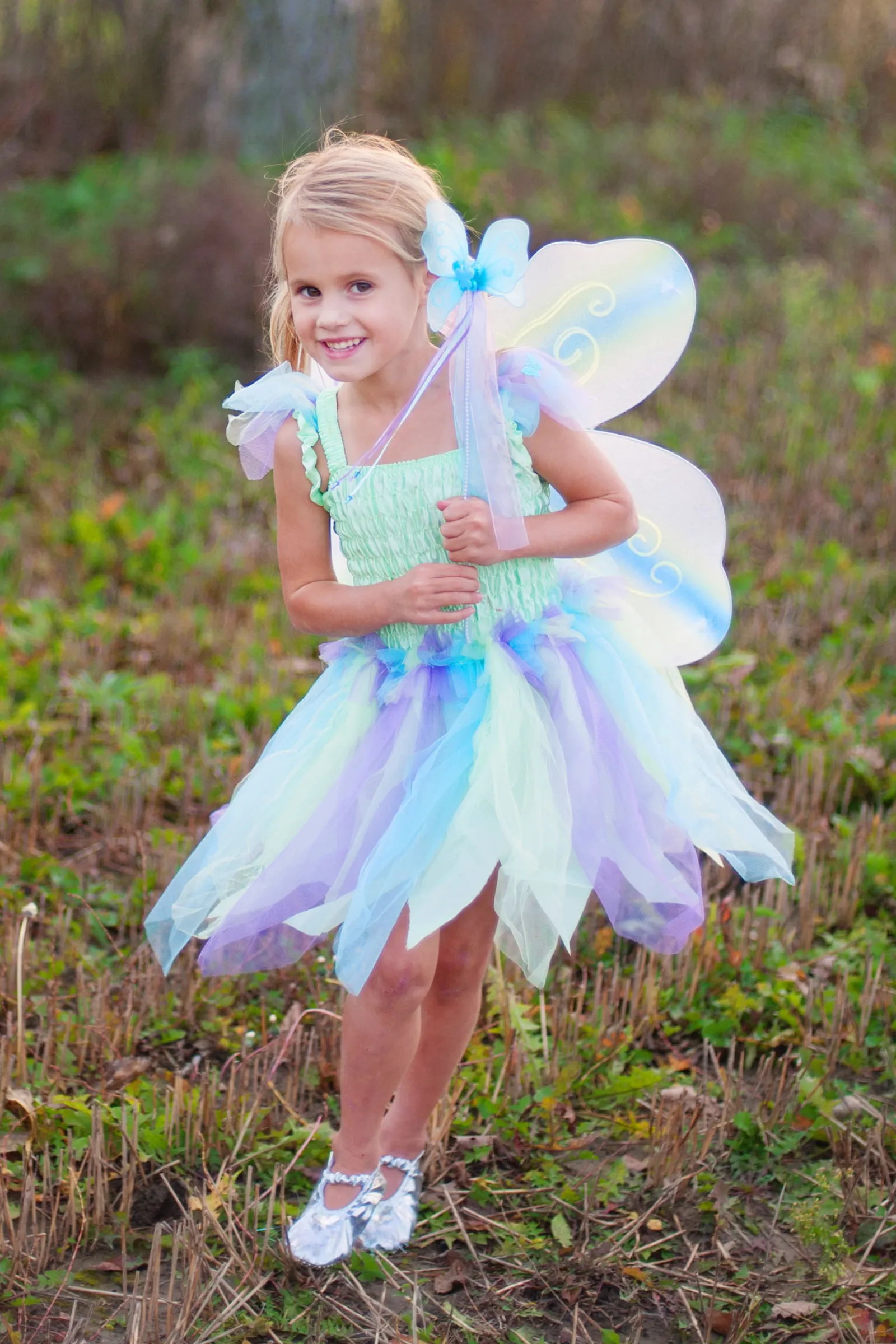 Butterfly Dress  & Wings With Wand Green/Multi