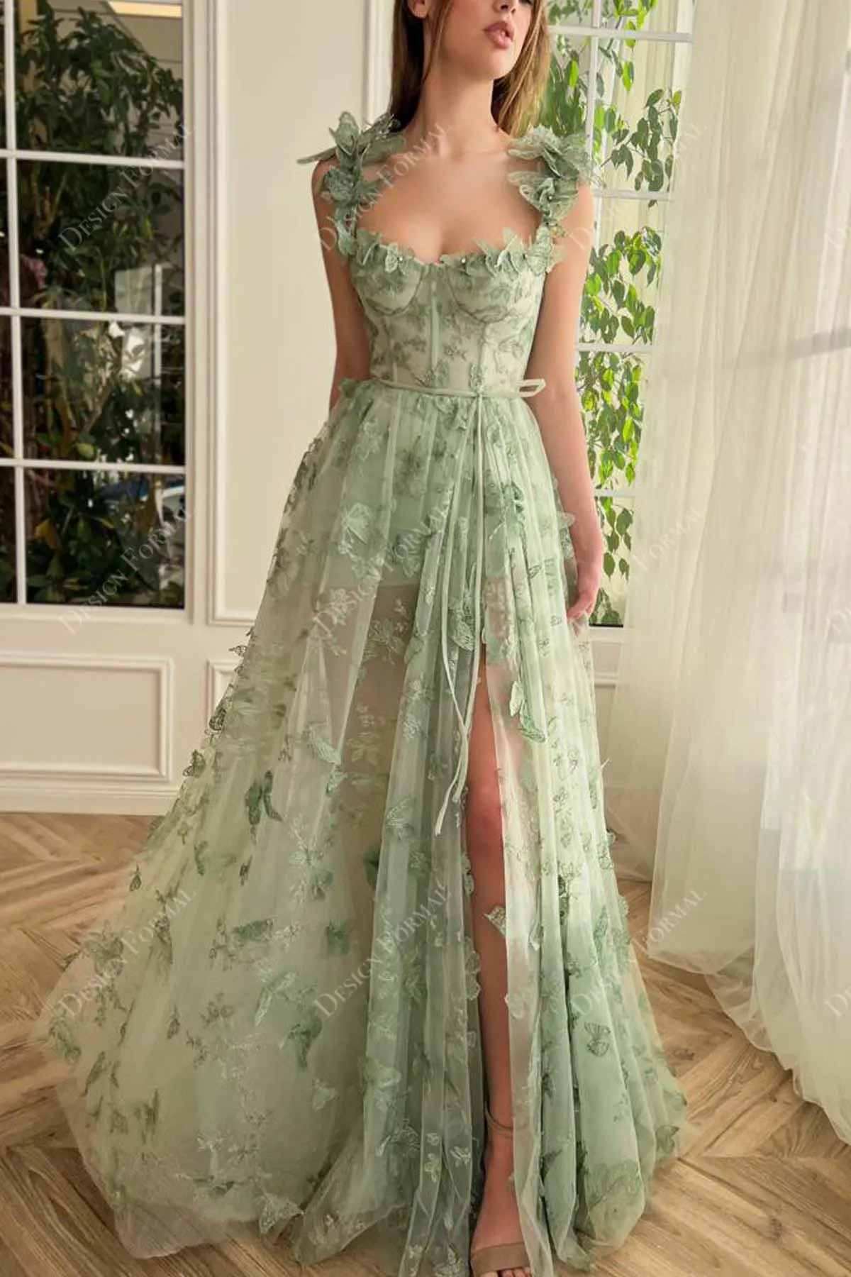 Butterfly Lace Straps Corset Sage Custom Slit A-line Fairytale Dress