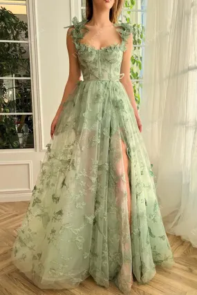 Butterfly Lace Straps Corset Sage Custom Slit A-line Fairytale Dress