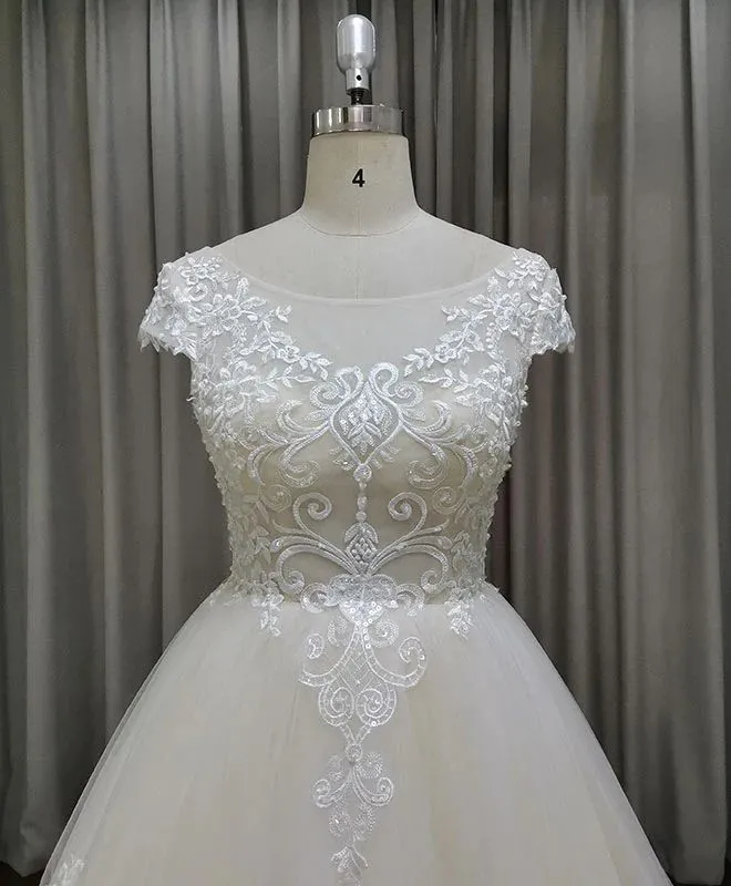 Cap Sleeves Ball Gown Lace Princess Wedding Dress