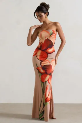 Ceremony | Orange and Mocha Floral Bandeau Fishtail Maxi Dress