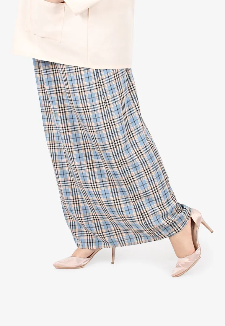 Cesaria Long Checkered Straight Cut Skirt - Light Blue