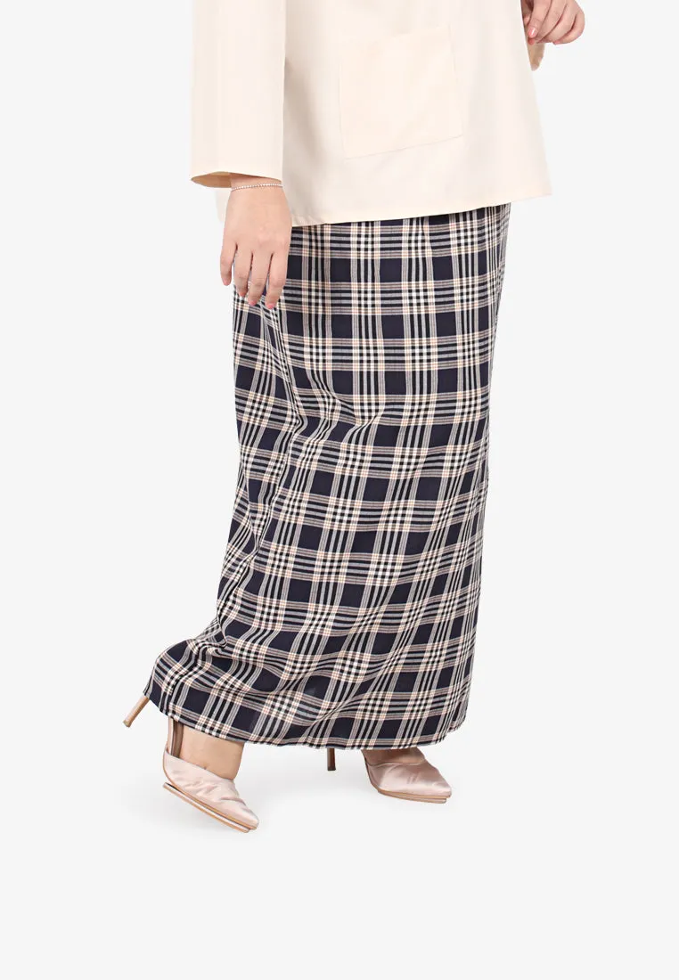 Cesaria Long Checkered Straight Cut Skirt - Navy Blue