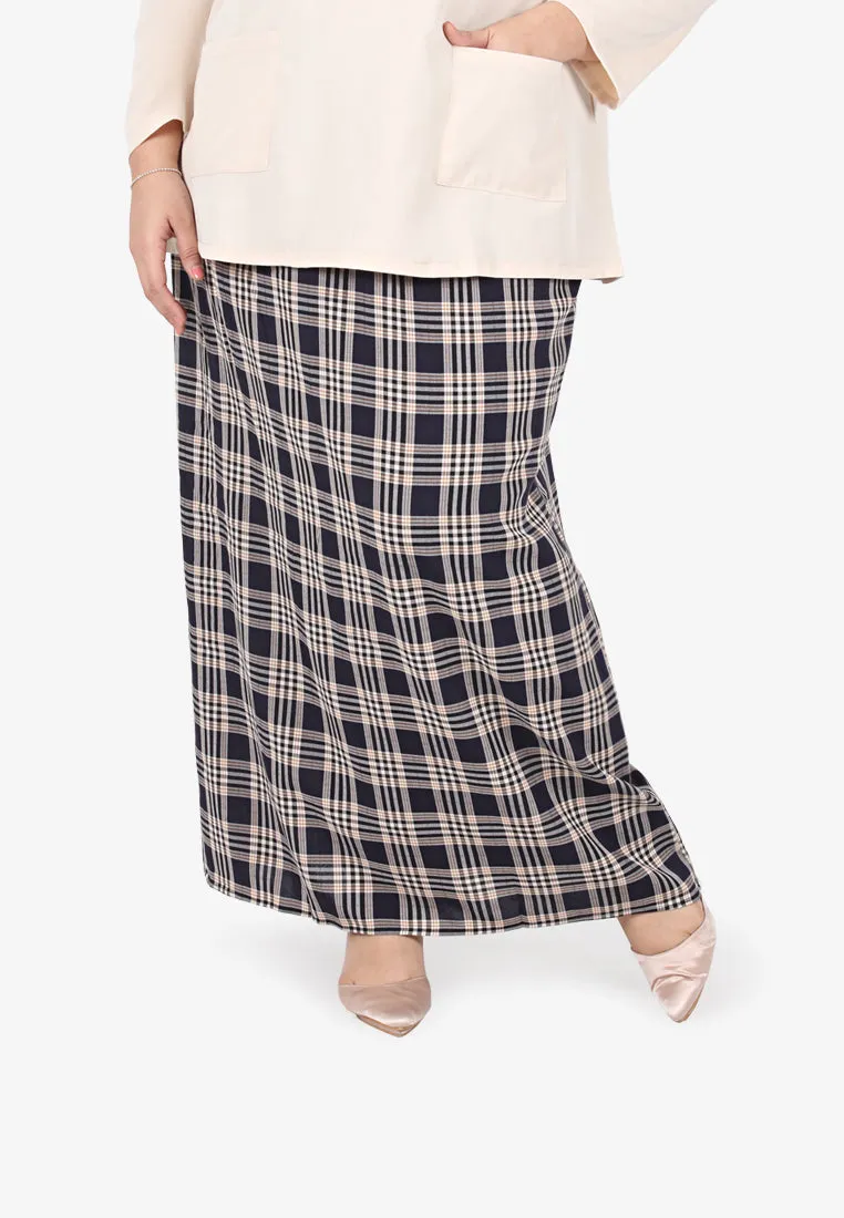 Cesaria Long Checkered Straight Cut Skirt - Navy Blue