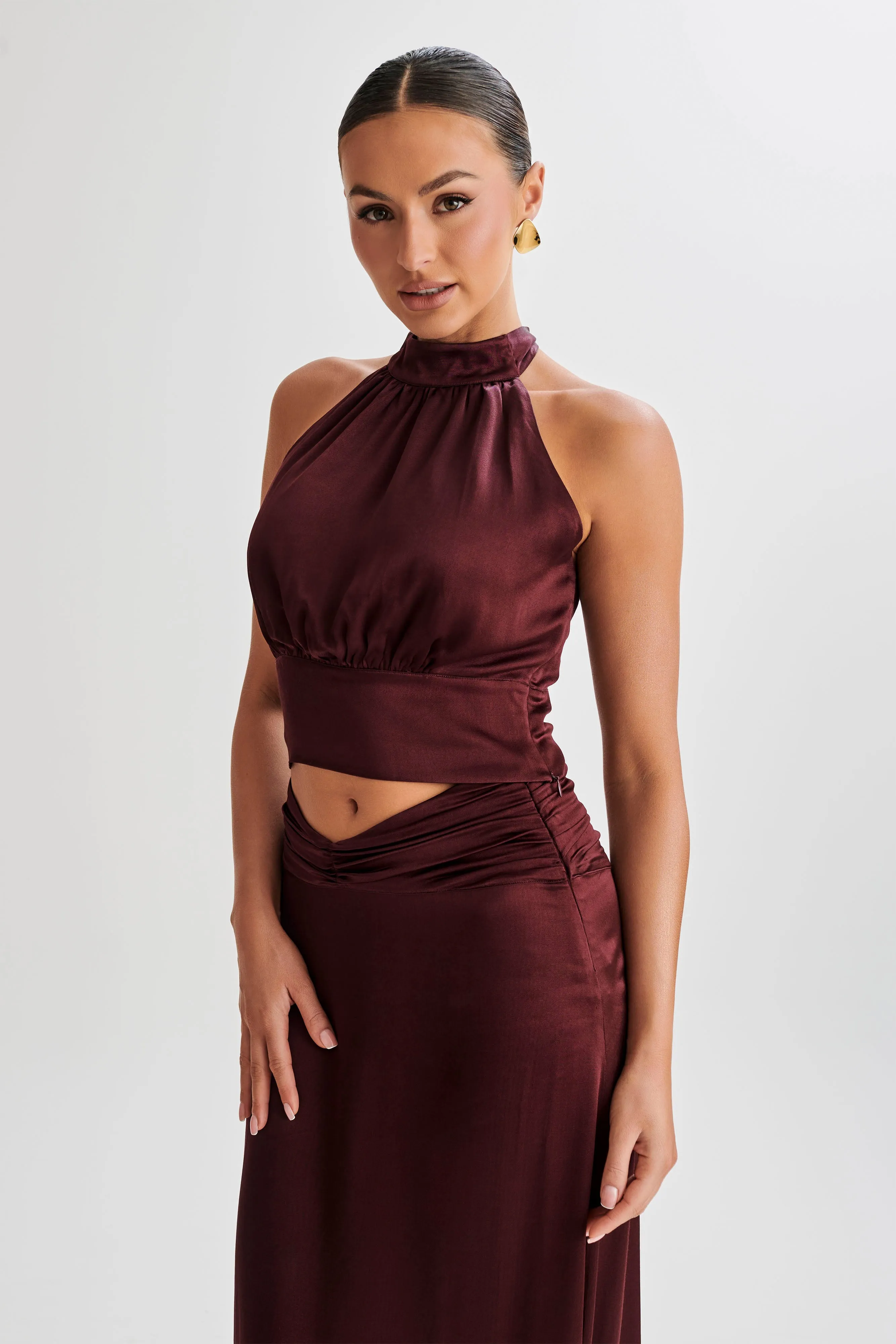 Clara Satin Halter Top - Plum