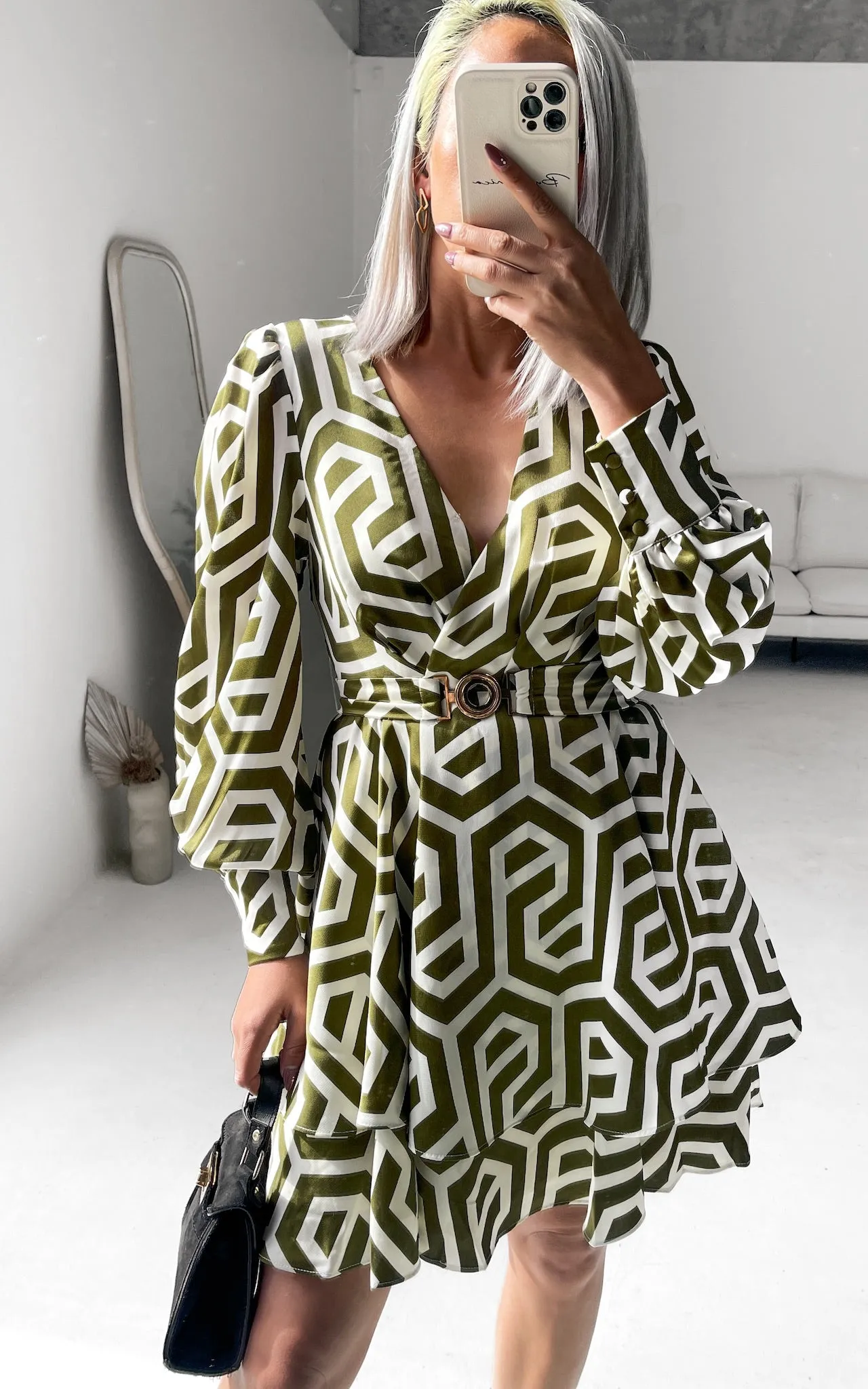 Cobella Long Sleeve Mini Dress - Khaki Cream Geometric Print