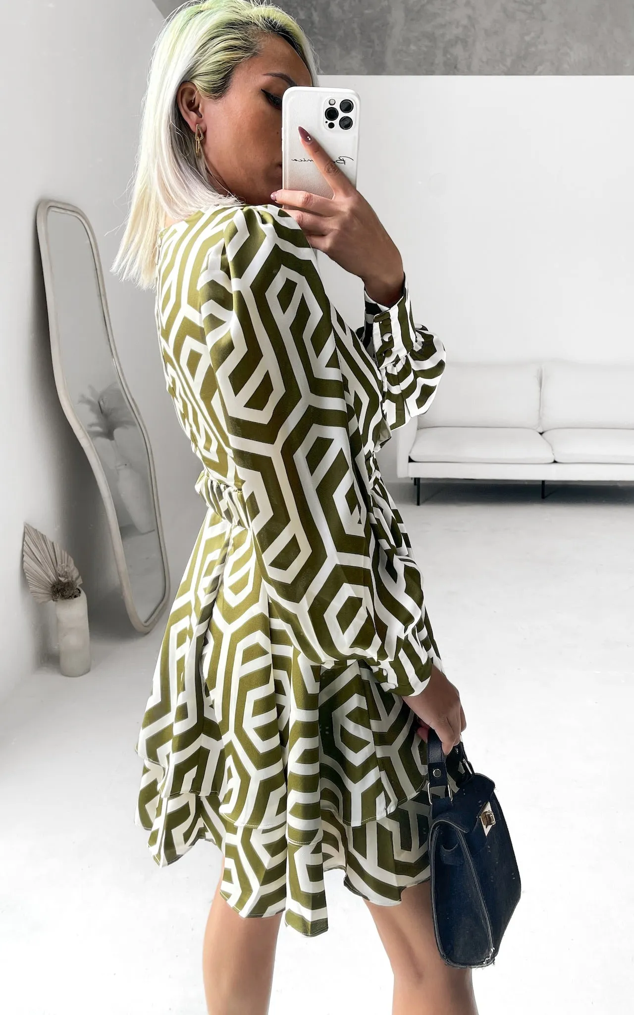 Cobella Long Sleeve Mini Dress - Khaki Cream Geometric Print