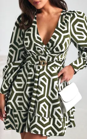 Cobella Long Sleeve Mini Dress - Khaki Cream Geometric Print