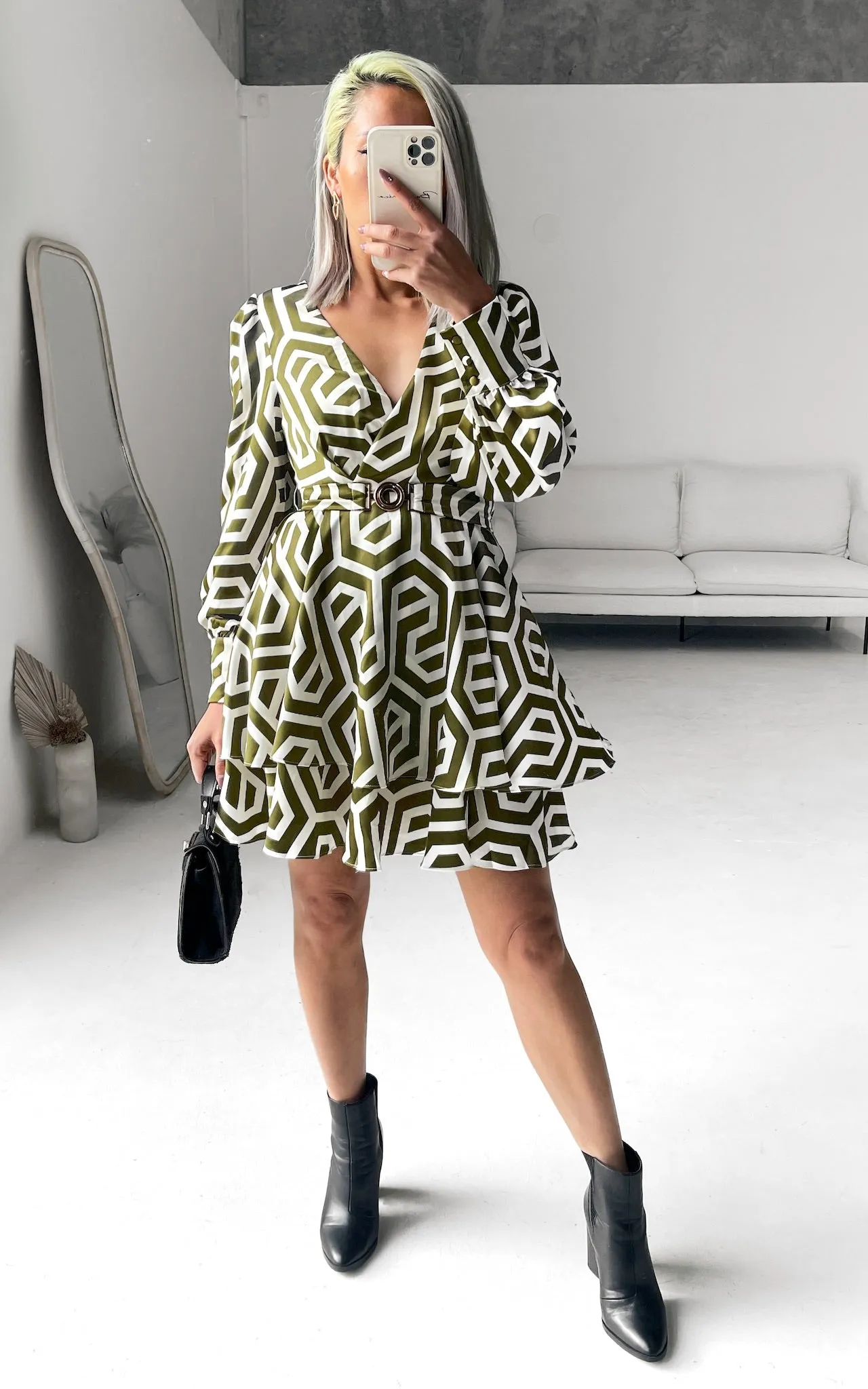 Cobella Long Sleeve Mini Dress - Khaki Cream Geometric Print