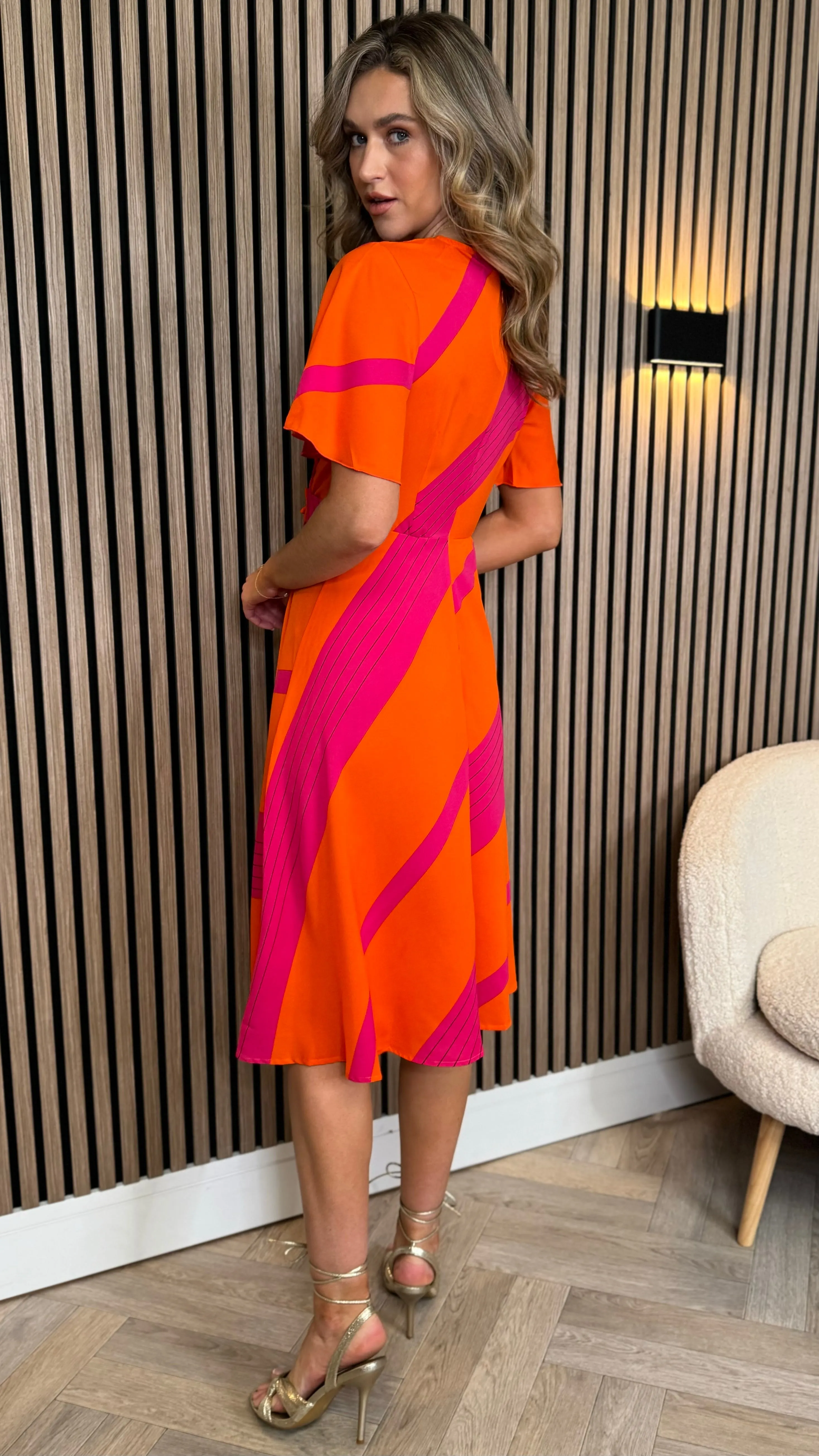 Codie Orange Stripe Wrap Detail Midi Dress