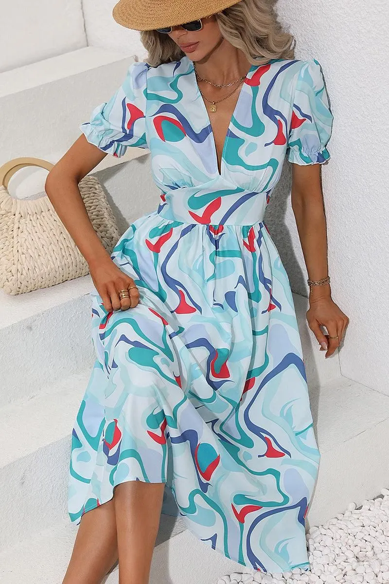 COLOR WAVE PAINTING DEEP V NECK PUFF DRESS