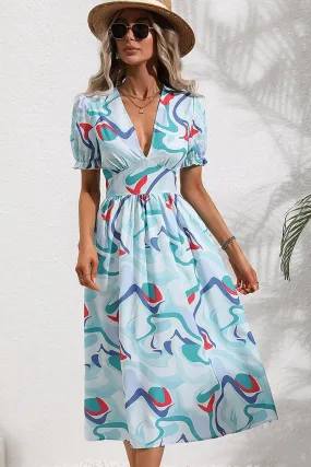 COLOR WAVE PAINTING DEEP V NECK PUFF DRESS