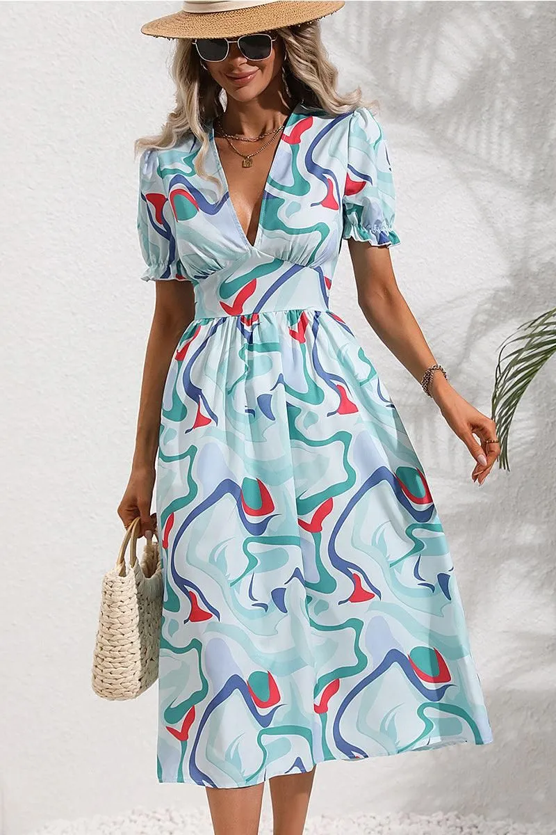 COLOR WAVE PAINTING DEEP V NECK PUFF DRESS