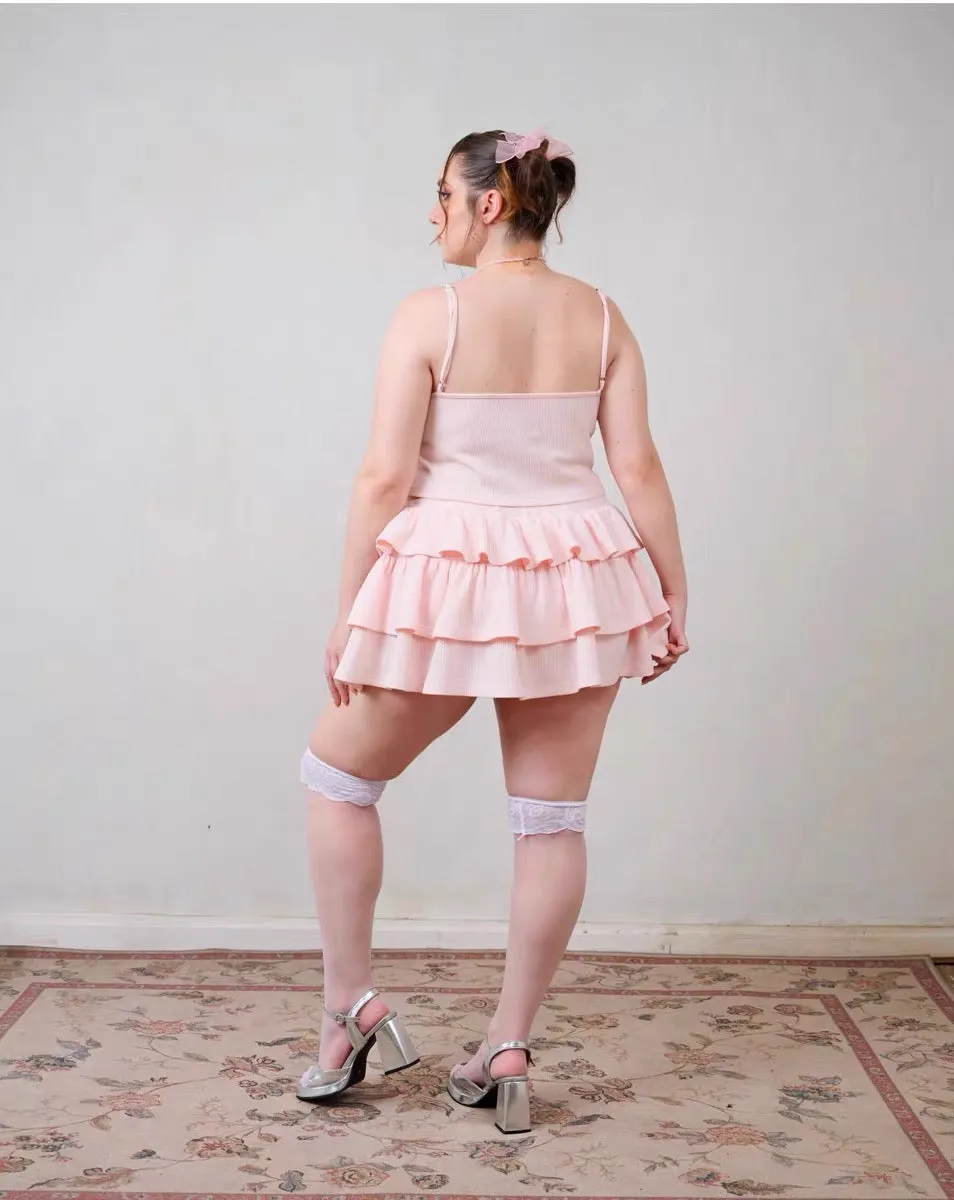 [Curve Beauty] Sorry I only eat salad soft pink sweet girl crop top and mini skirt set