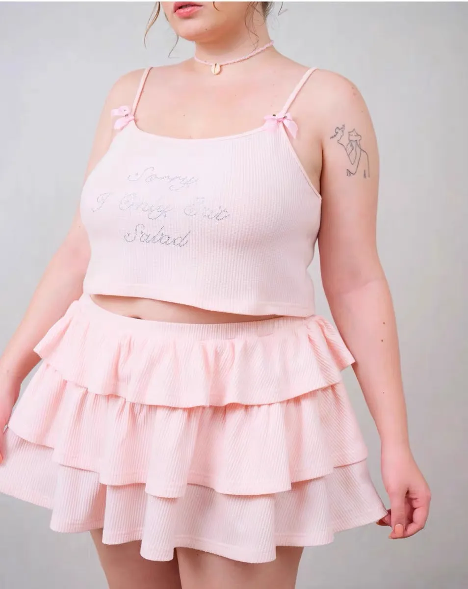 [Curve Beauty] Sorry I only eat salad soft pink sweet girl crop top and mini skirt set