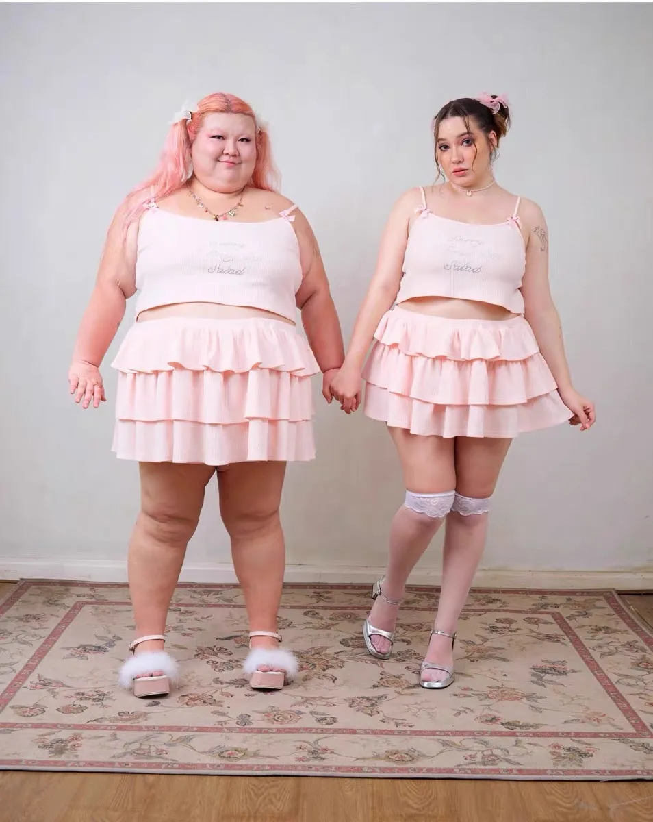 [Curve Beauty] Sorry I only eat salad soft pink sweet girl crop top and mini skirt set