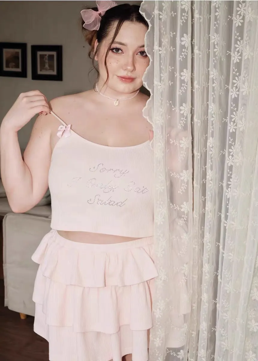 [Curve Beauty] Sorry I only eat salad soft pink sweet girl crop top and mini skirt set