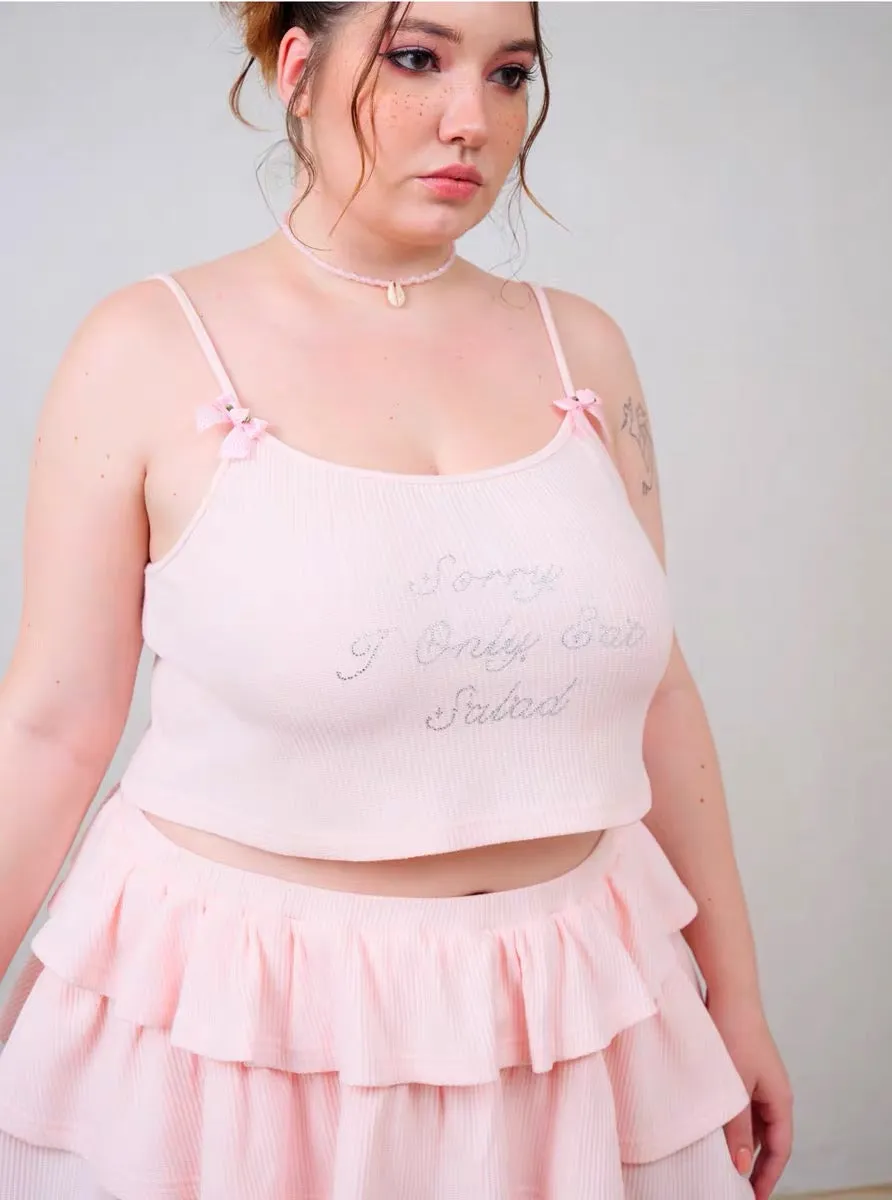 [Curve Beauty] Sorry I only eat salad soft pink sweet girl crop top and mini skirt set