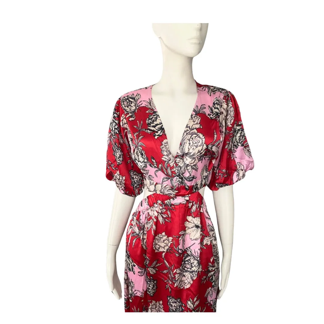 Cut-out Floral Midi Dress Red Pink SIZE 12