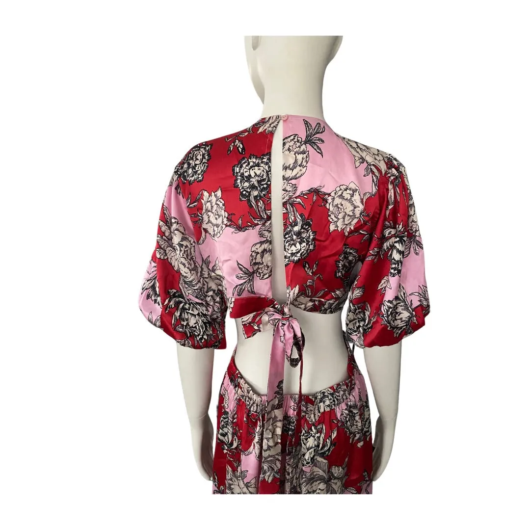 Cut-out Floral Midi Dress Red Pink SIZE 12