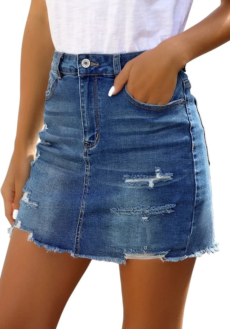 Dark Blue Distressed Frayed Hem Denim Mini Skirt