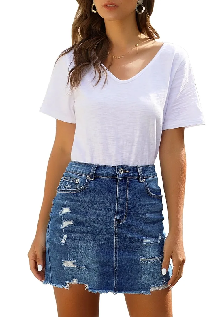 Dark Blue Distressed Frayed Hem Denim Mini Skirt