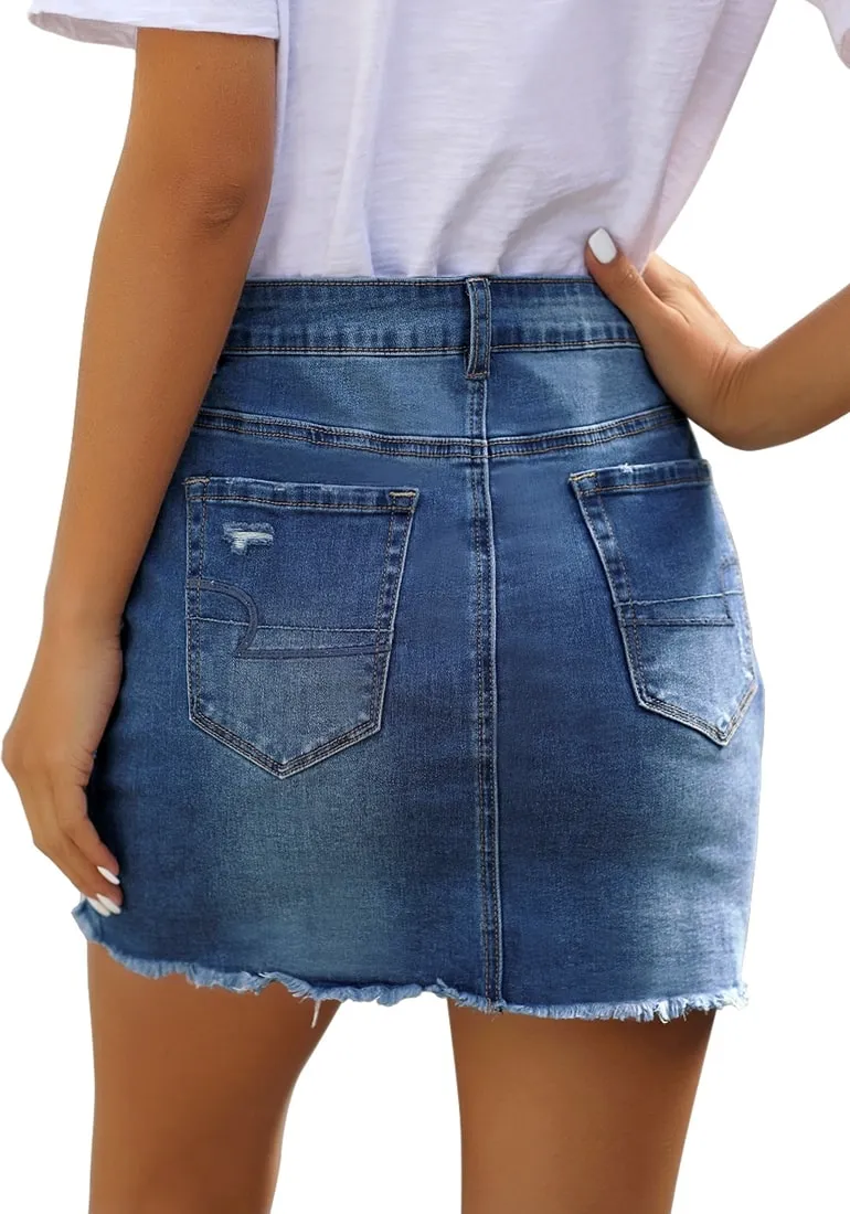 Dark Blue Distressed Frayed Hem Denim Mini Skirt