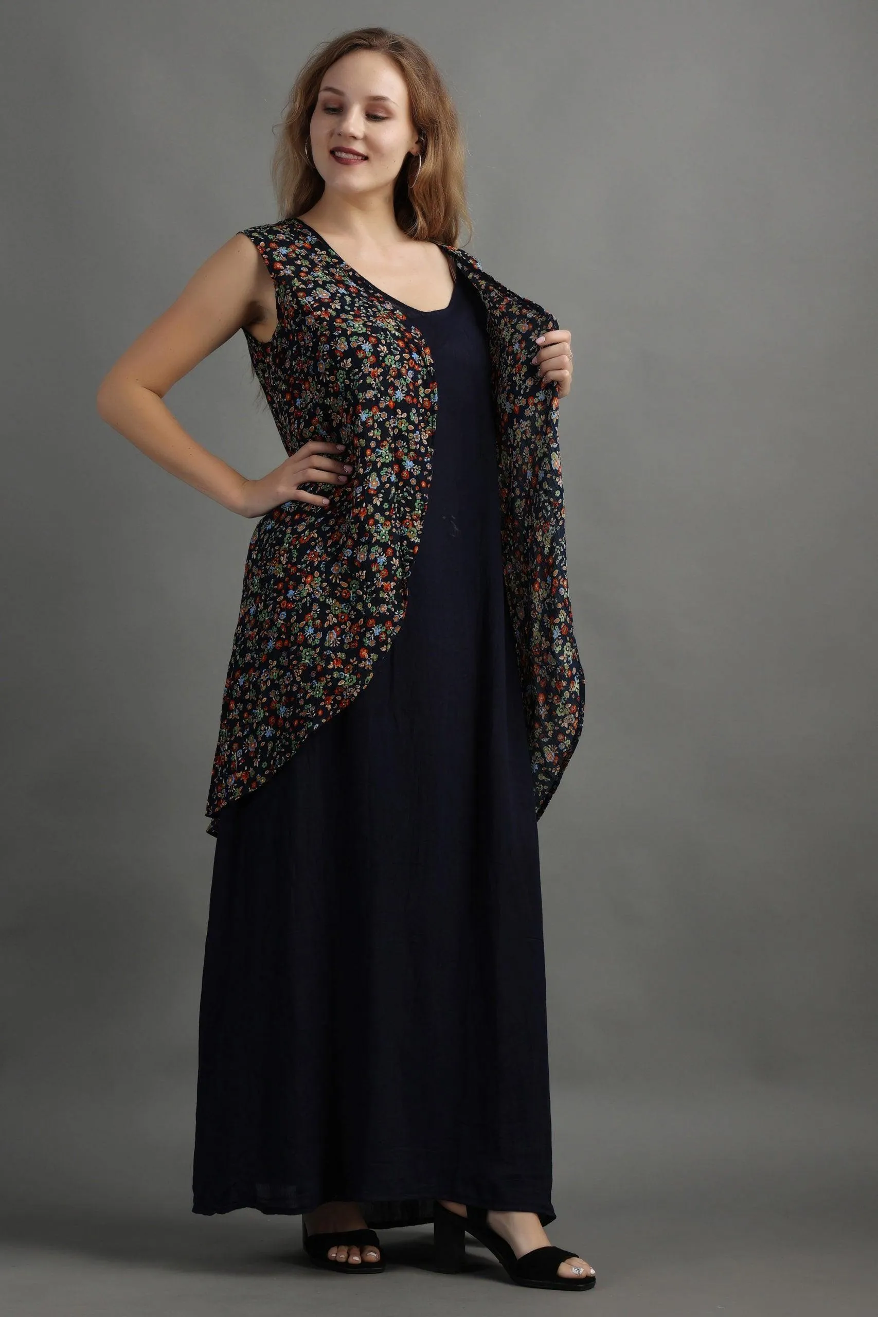 Dark Blue Floral Printed Maxi Dress with Shrug