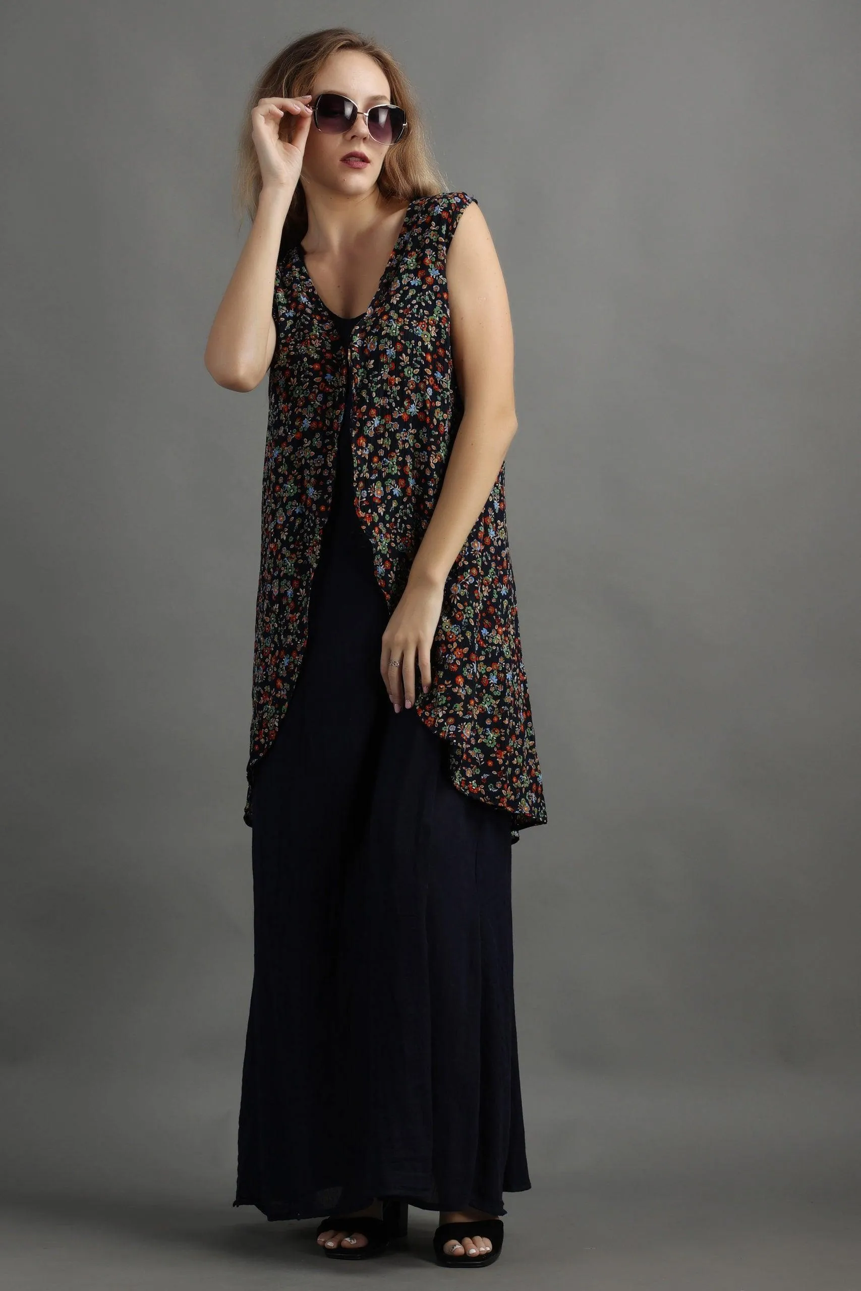 Dark Blue Floral Printed Maxi Dress with Shrug