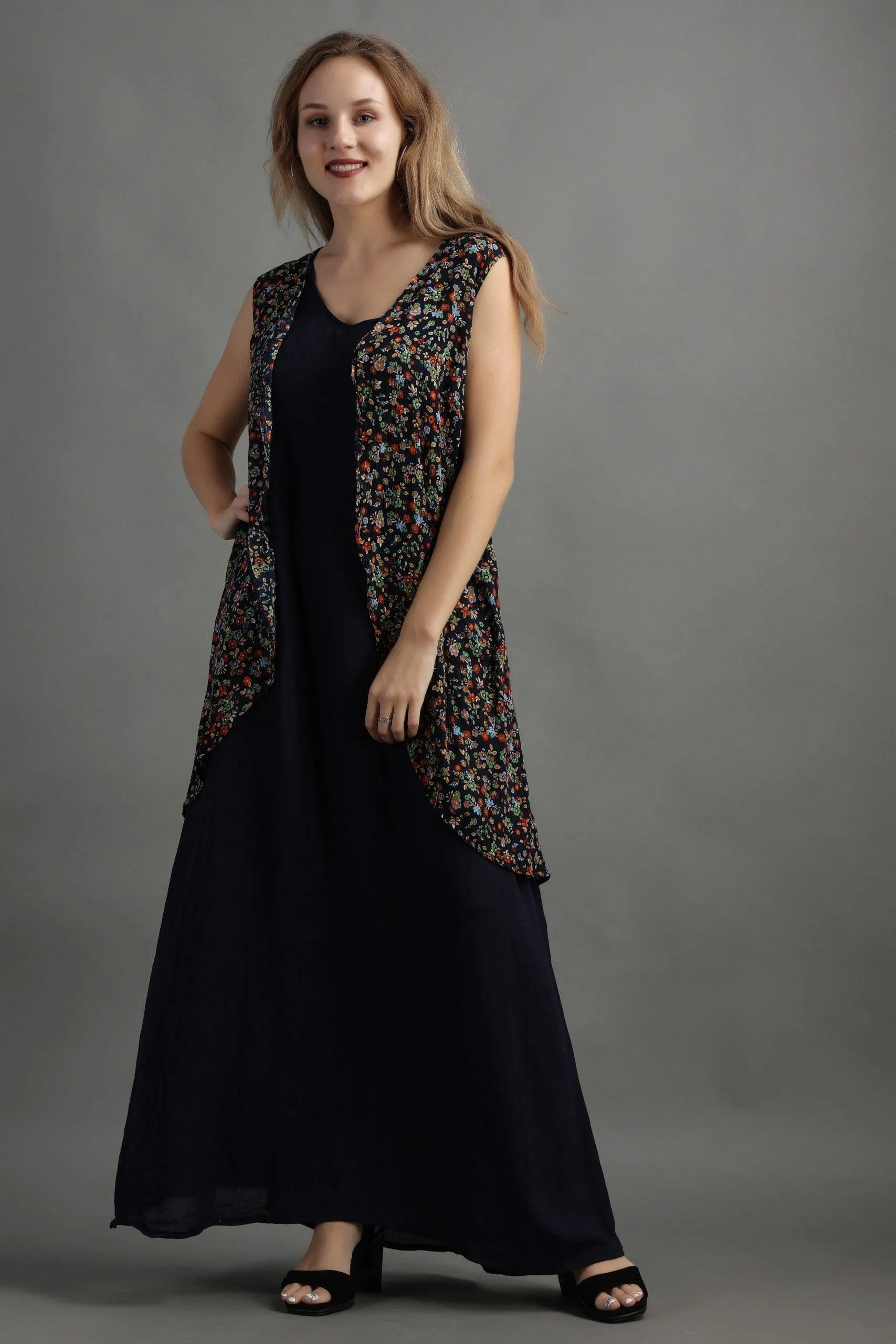 Dark Blue Floral Printed Maxi Dress with Shrug