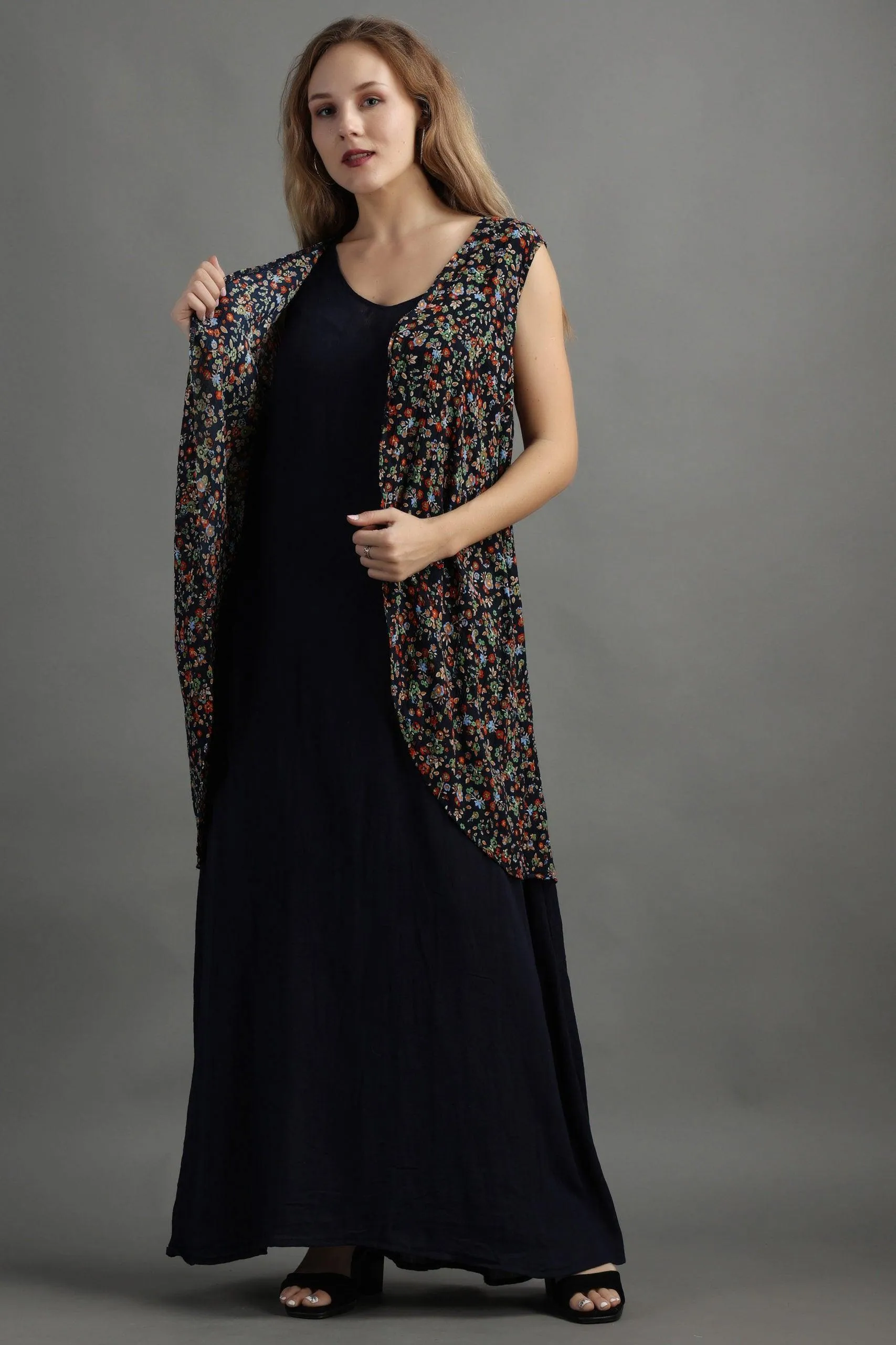 Dark Blue Floral Printed Maxi Dress with Shrug