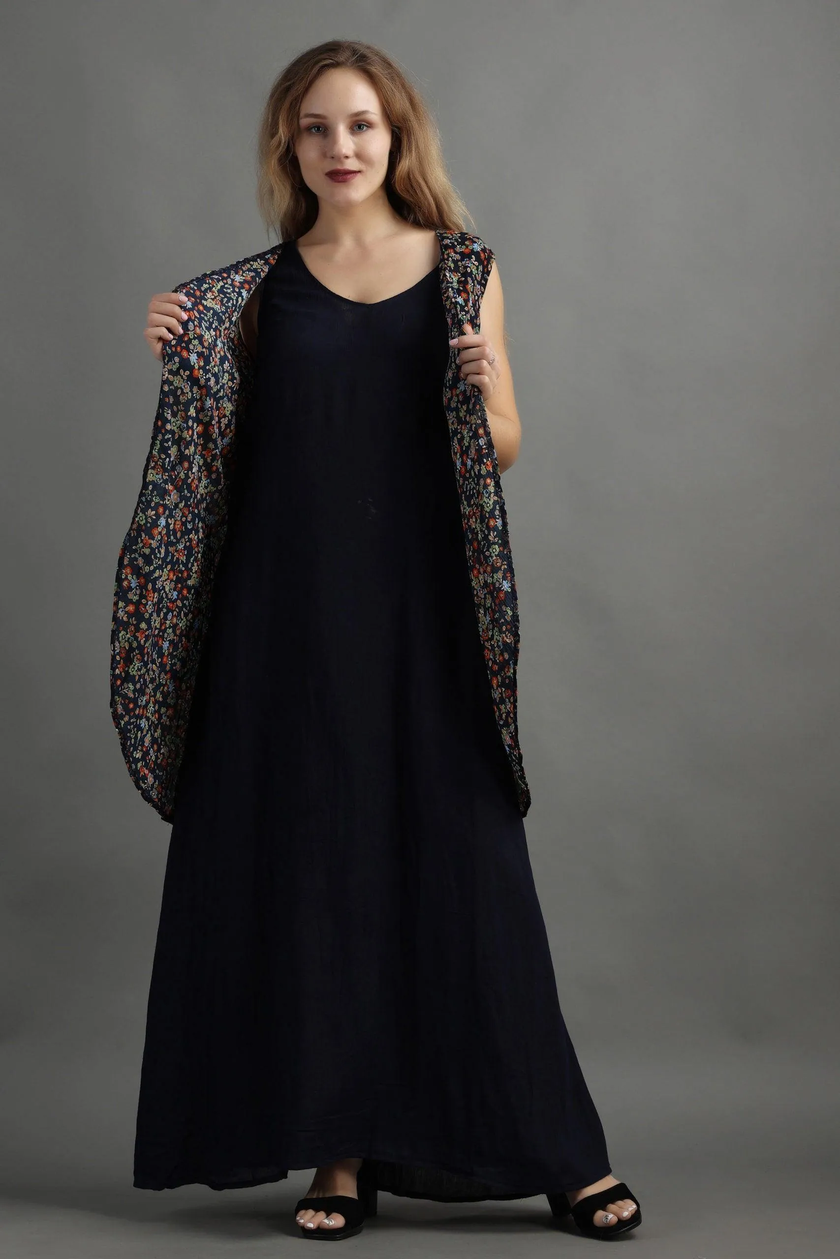 Dark Blue Floral Printed Maxi Dress with Shrug