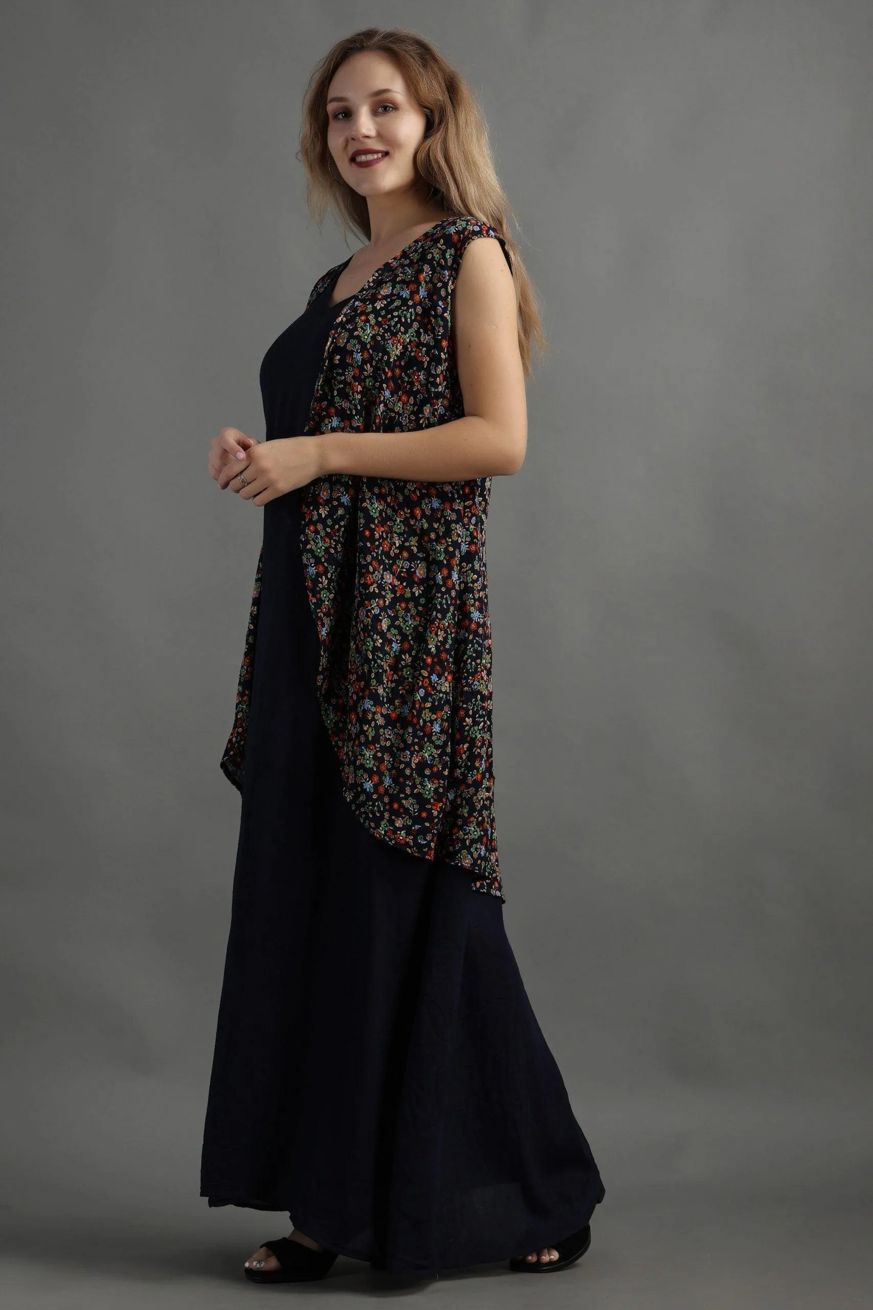 Dark Blue Floral Printed Maxi Dress with Shrug