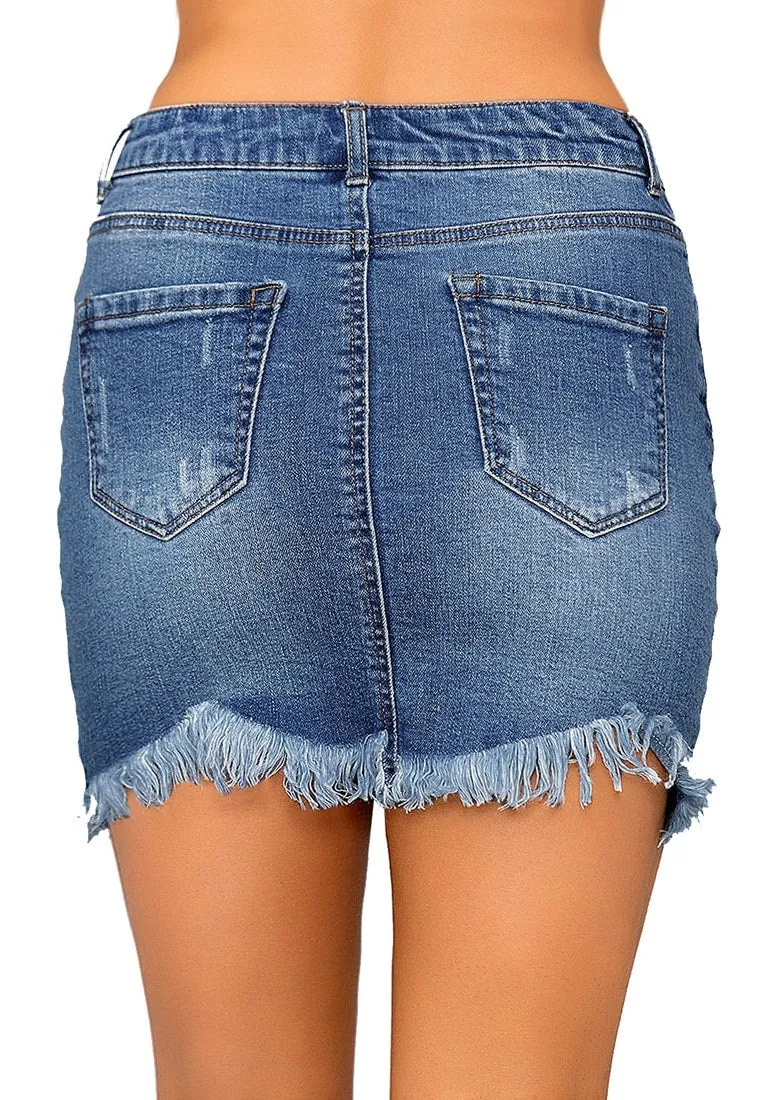 Dark Blue Frayed Raw Hem Buttons Denim Mini Skirt