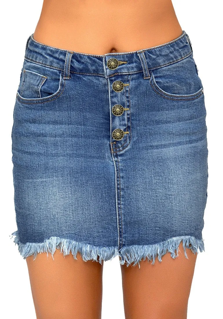 Dark Blue Frayed Raw Hem Buttons Denim Mini Skirt