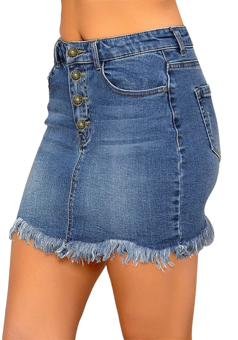 Dark Blue Frayed Raw Hem Buttons Denim Mini Skirt