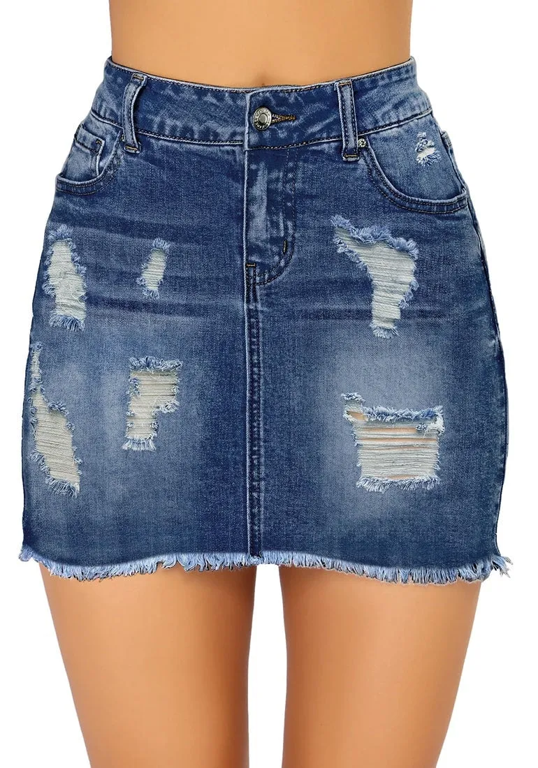 Dark Blue Ripped Frayed Hem Denim Skirt