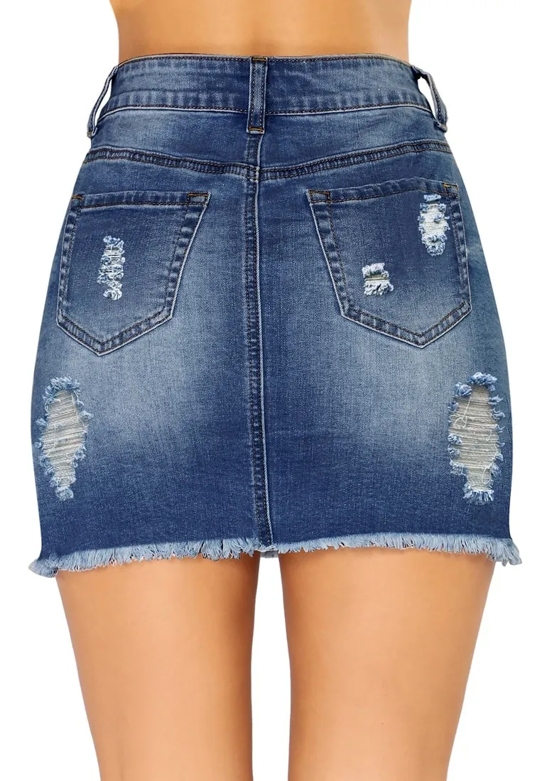 Dark Blue Ripped Frayed Hem Denim Skirt