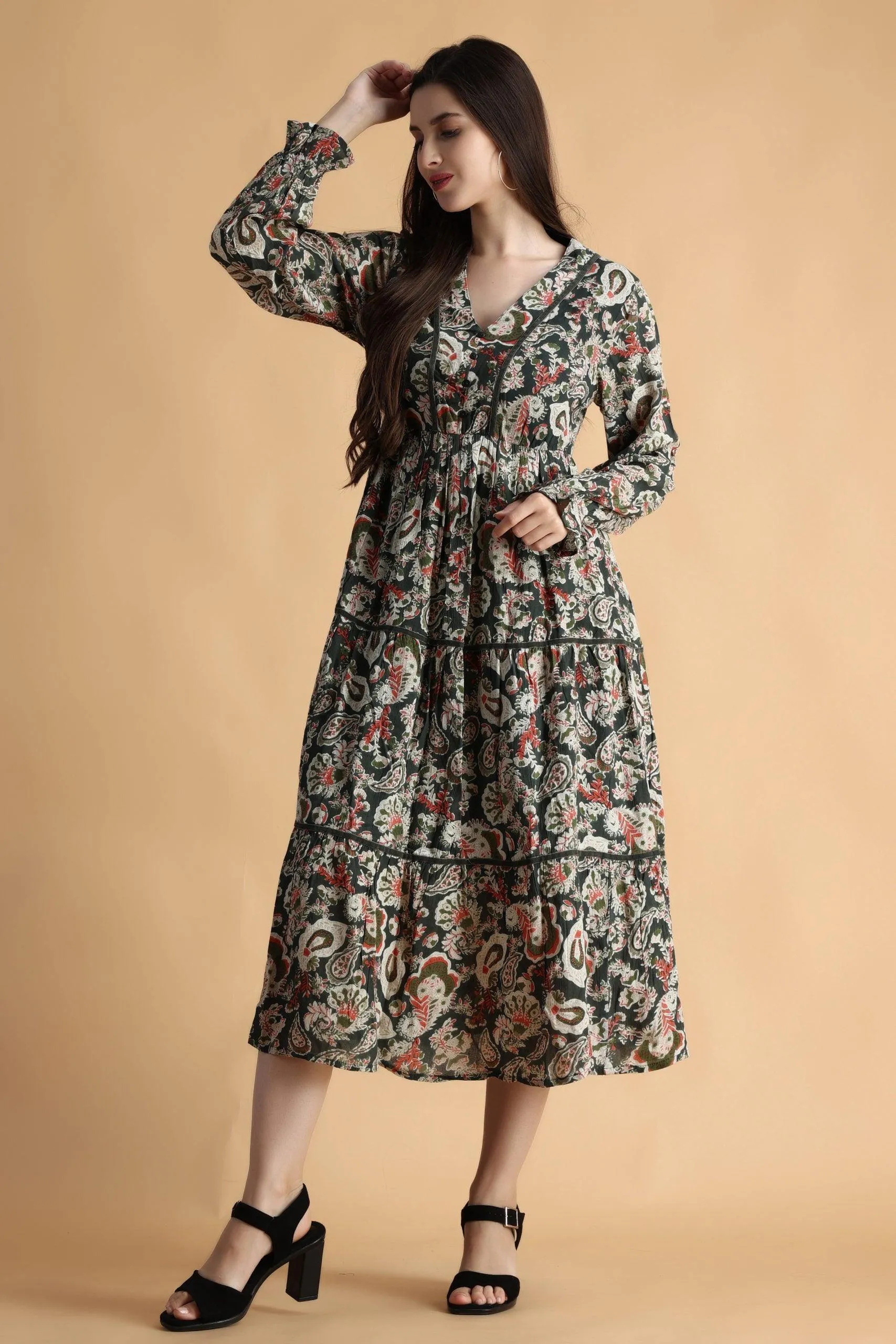 Dark Green Floral Printed Dress