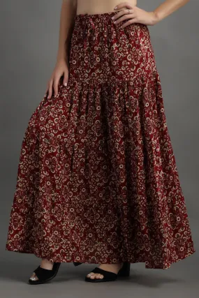 Dark Red Floral Printed Skirt