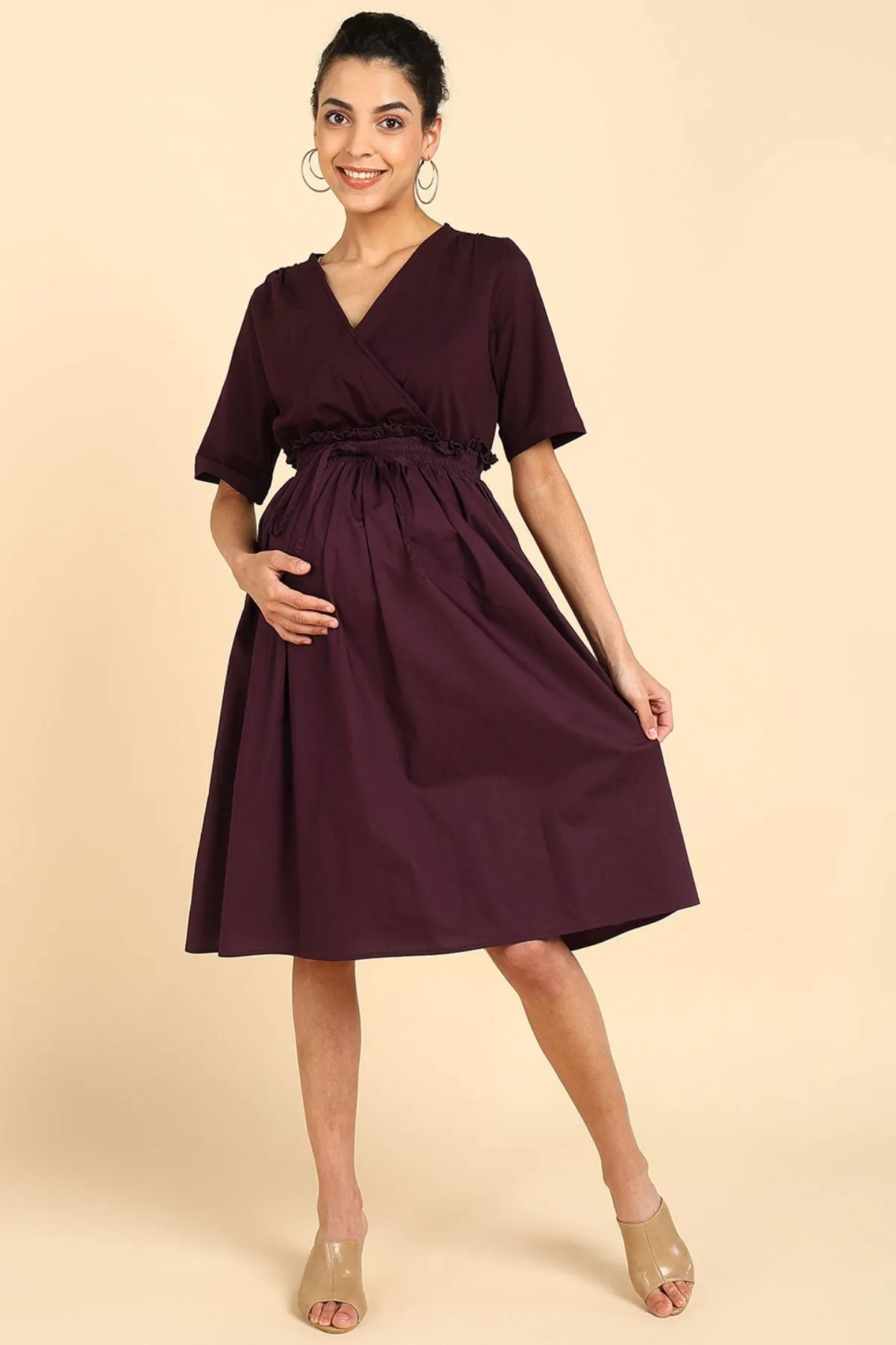 Deep Burgundy Jersey Poplin Zipless Maternity Dress